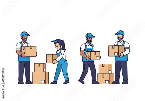 Moving company workers in blue clothes and caps carrying boxes, vector illustration