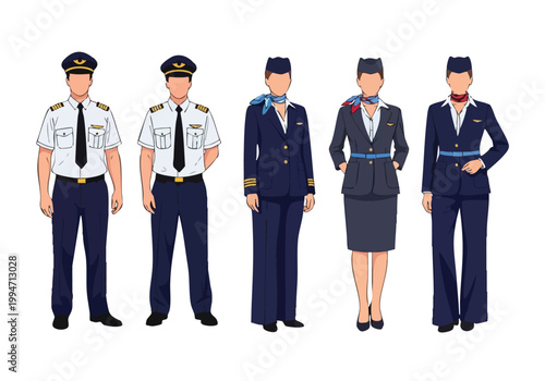 Vector illustration of airline crew uniforms, showcasing pilot and flight attendant clothes