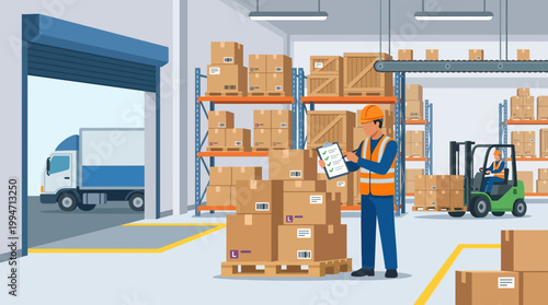 warehouse worker with boxes and forklift.