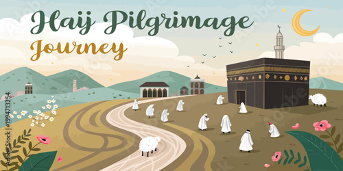 Hajj pilgrimage journey illustration with kaaba pilgrims sheep pilgrimage pilgrims mountains landscape religious tradition illustration destination spiritual meditation architecture