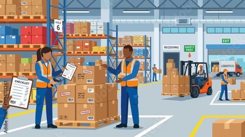 warehouse workers loading boxes on pallets.