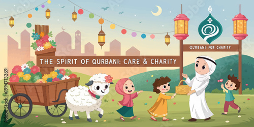 Muslim children and man participating in qurbani for charity with decorations eid al adha children lanterns festival celebration sacrifice tradition illustration happiness background