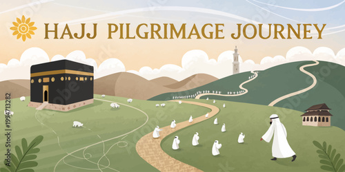 Hajj pilgrimage journey illustration with kaaba pilgrims sheep in landscape pilgrimage pilgrims mountains landscape religious tradition illustration destination spiritual meditation
