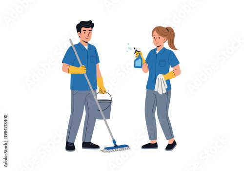 Cleaners in blue uniform with mop and spray bottle, vector illustration of service clothes