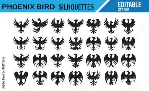 Phoenix bird silhouettes vector set with black mythical firebird symbols isolated on white background