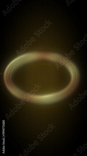 Golden Oval Frame With Rotating Animation, Digital Dot Particles on Dark Background, Glowing Dot Grid 3D Geometric Shape, 4K Seamless Loop, Vertical Video