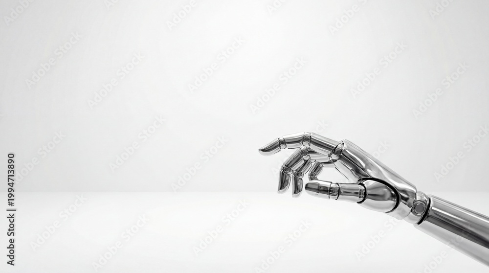 Fototapeta premium Silver robotic hand pointing at empty space in a studio white background
