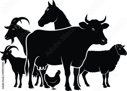 Black and white farm animals vector illustration