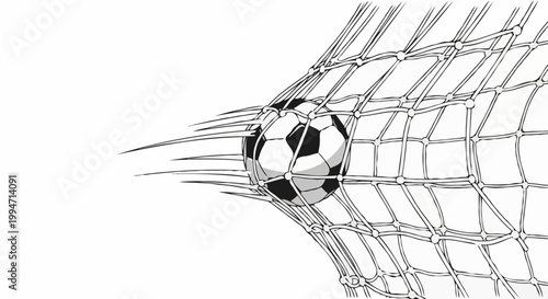 Soccer ball hitting the net, a powerful moment captured in a sports illustration. This image shows the dynamic movement and energy of the game, a symbol of victory and achievement.