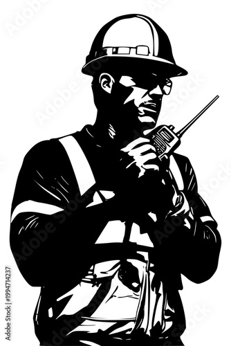 Construction Worker Talking on Walkie Talkie Wearing Hard Hat Communication Safety Black and White Vector Silhouette
