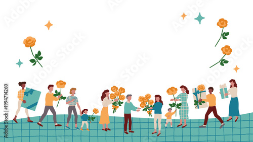父の日のデザインに向けた、花束やプレゼントを持つ親子などの人々のベクターフレームイラスト素材 16:9  Hand-drawn vector background illustration depicting people holding bouquets and gifts for Father’s Day.