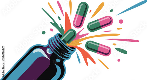 Colorful medical pills spilling out of a bottle isolated white background