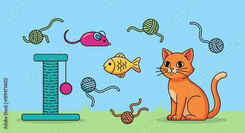 An orange cat plays with toys and watches a fish near a scratching post on grass.