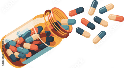 Medical pills spilling out of an open glass bottle isolated white background