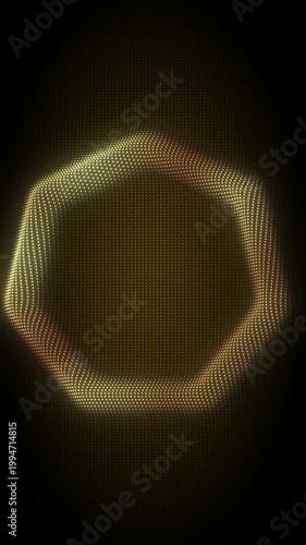 Golden Heptagon Frame With Rotating Animation, Digital Dot Particles on Dark Background, Glowing Dot Grid 3D Geometric Shape, 4K Seamless Loop, Vertical