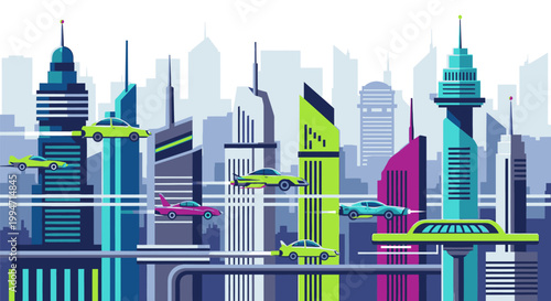 A futuristic cityscape illustration depicts sleek skyscrapers and flying vehicles in a vibrant urban landscape.