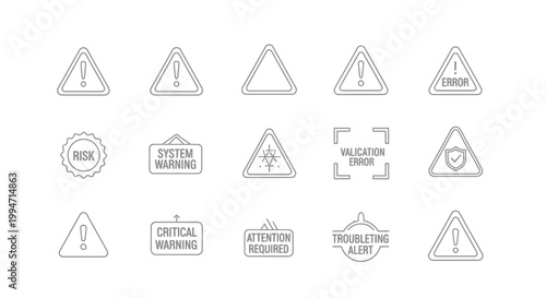 Collection of various warning and alert icons, including hazard symbols, error messages, and security alerts, presented in a clean, outline style.