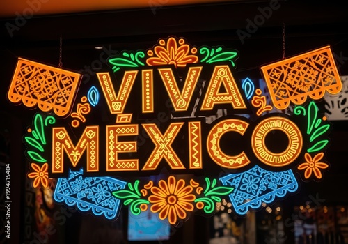 Vibrant neon sign celebrating mexican culture with viva mexico