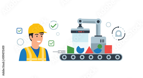 An industrial worker in a hard hat supervises a robotic arm on a production line that is sorting colorful geometric shapes.