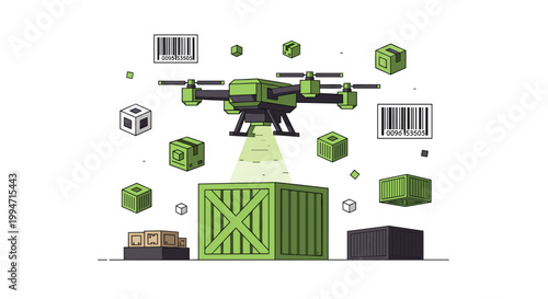An autonomous delivery drone scans a barcode on a large shipping container with other packages floating around on a white background.