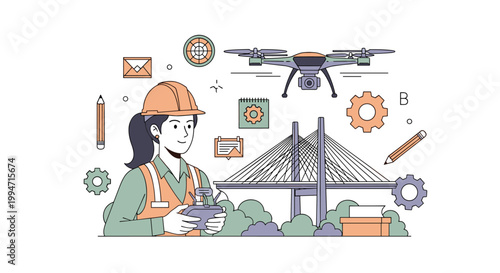 A female civil engineer wearing a hard hat uses a remote control to operate a drone for surveying a large bridge construction site.