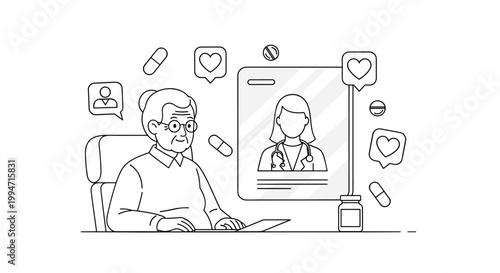 An elderly woman participates in a telehealth consultation with a female doctor on a tablet screen in a black and white line art illustration.