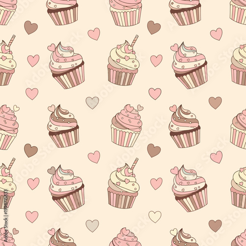 Cupcake Seamless Pattern Cute Dessert Background Design