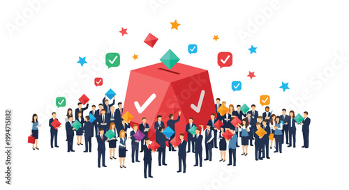 A diverse crowd of business people gathers around a large red ballot box to cast their votes in a corporate or political election illustration.