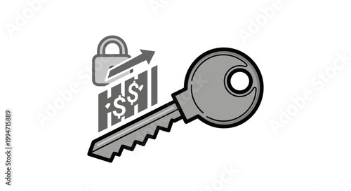 A large key unlocks a padlock on a stack of money documents