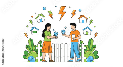 A man and woman exchange glowing blue crystals over a white picket fence with floating houses and lightning bolts in the background.
