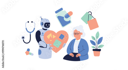 A helpful robot presents a large heart to an elderly woman, surrounded by icons of healthcare, medicine, and daily assistance.