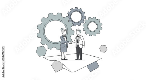 A businessman and businesswoman shake hands on a floating document in front of large interlocking gears, rendered in a monochrome style.