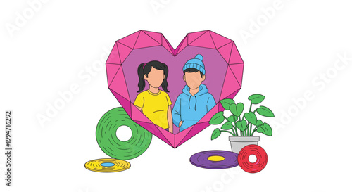 A cartoon couple is framed inside a large pink geometric heart, surrounded by colorful vinyl records and a potted plant on a clean white background.