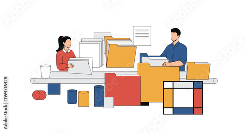 Two office workers, a man and a woman, are organizing large colorful file folders on a conveyor belt in a busy, abstract office environment.