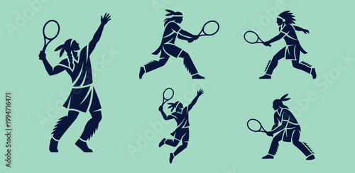 Silhouettes of indigenous athletes in active tennis poses promoting diversity and wellness