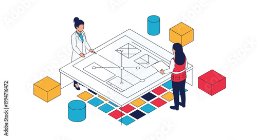 An engineer and a scientist collaborate over a large interactive blueprint table in an isometric illustration surrounded by colorful geometric blocks.