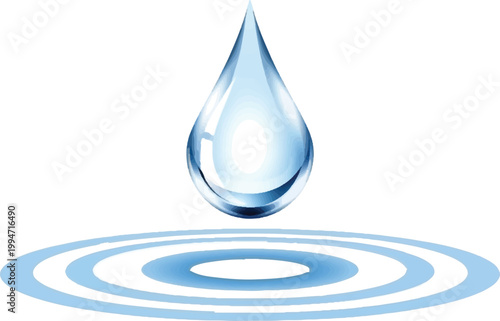Water drop, ripples, liquid splash, blue icon, vector droplet