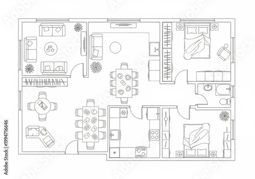 Detailed architectural floor plan illustrating a multi room apartment layout with furniture