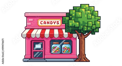 A charming pixel art illustration of a pink candy shop with a red-striped awning, featuring jars of treats in the window beside a green tree.