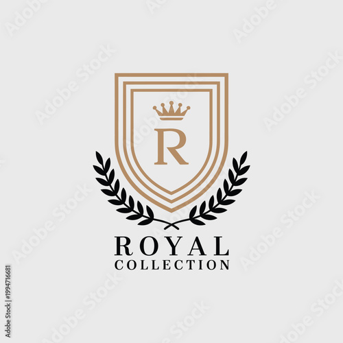 Luxury Royal Heraldic Shield Logo with Crown, Letter R and Laurel Wreath