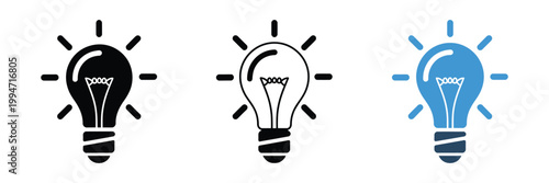 Three light bulb icons in black and blue on white background, business and creative concept flat vector design for innovation, ideas, and strategy