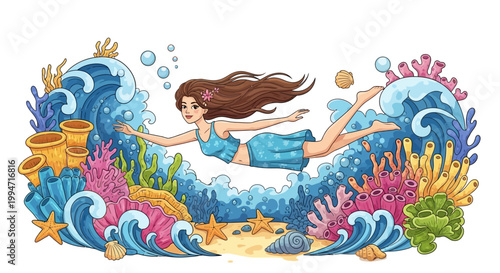 Young girl swimming gracefully in a vibrant underwater coral reef scene.