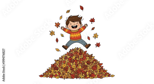 A joyful boy happily jumps into a colorful pile of autumn leaves.