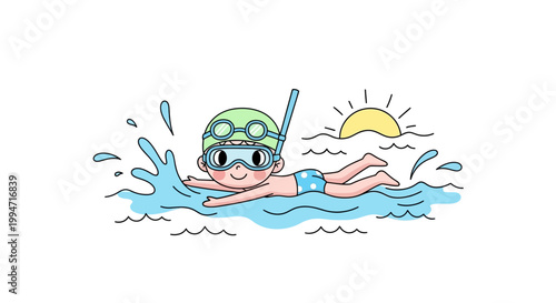 Happy little boy swimming in the water with snorkel and goggles on a sunny day
