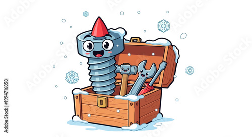 Christmas screw character with tools in a treasure chest during winter