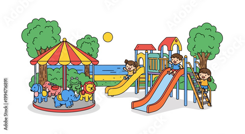 Children enjoying a day at the park with slides and a carousel.