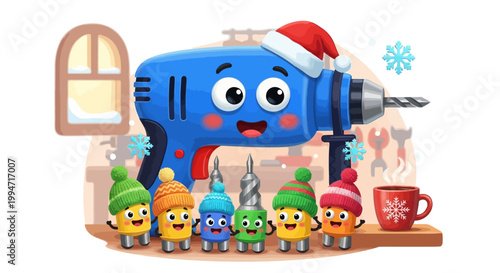 Festive Cartoon Drill and Bit Characters in a Snowy Winter Workshop