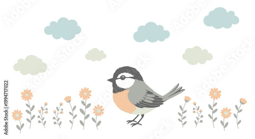 Cute little bird illustration with pastel flowers and clouds on a white background