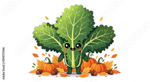 Cute kawaii kale character in an autumn harvest scene with pumpkins and leaves