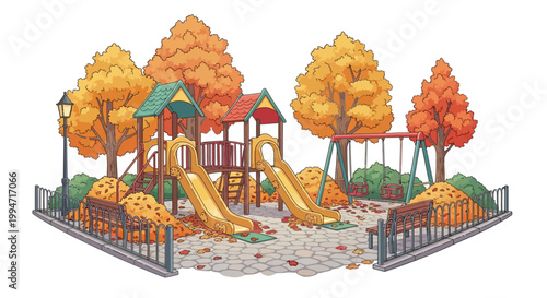 Empty kids playground in a public park during autumn with orange trees illustration